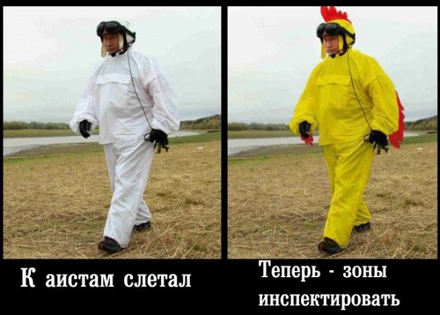 Путин с клювом в халате возглавил журавлиный клин