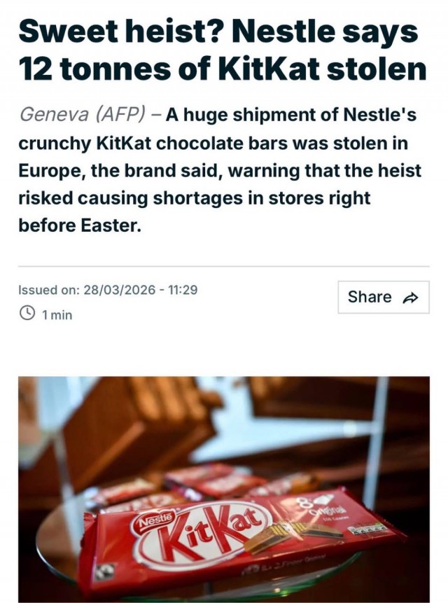 Грузовик с 12 тоннами KitKat украли по дороге в Польшу