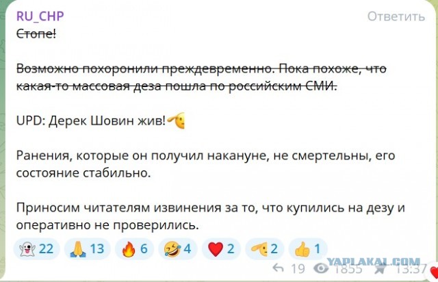 В США умер полицейский Дерек Шовин