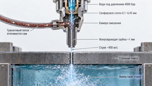 Как струя воды разрезает сталь и что в эту воду добавляют