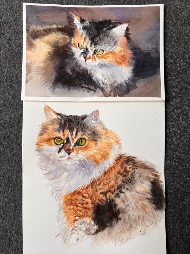 Кошка Муся с черным усом акварелью