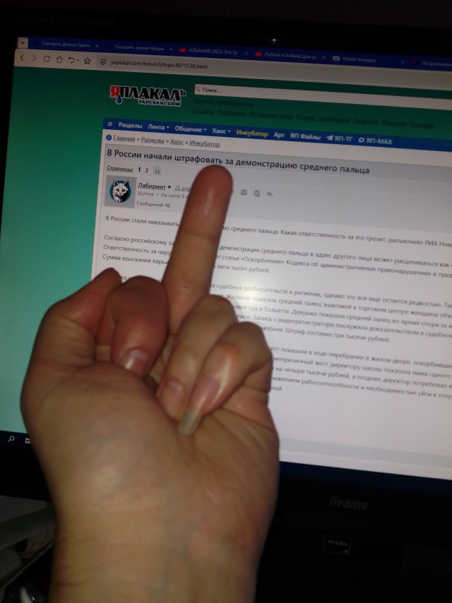 В России начали штрафовать за демонстрацию среднего пальца