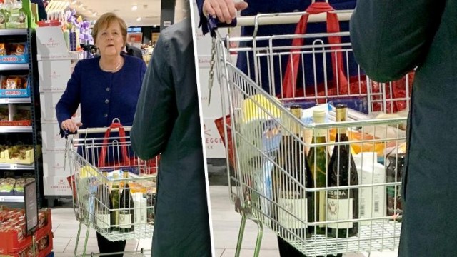 Канцлер ФРГ Ангела Меркель посетила один из торговых центров. В её корзине стандартный набор для самоизоляции