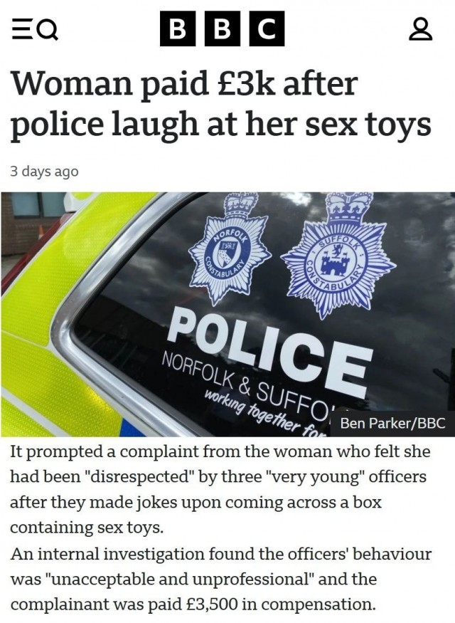 В Англии полисмены посмеялись над коллекцией фаллоимитаторов подозреваемой и поплатились за это.