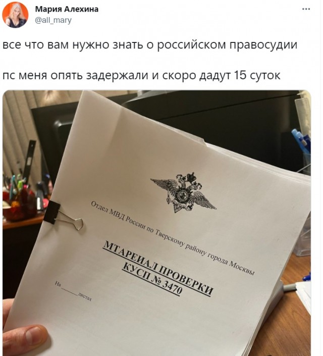 Участницу Pussy Riot Марию Алехину задержали за пост 2015 года