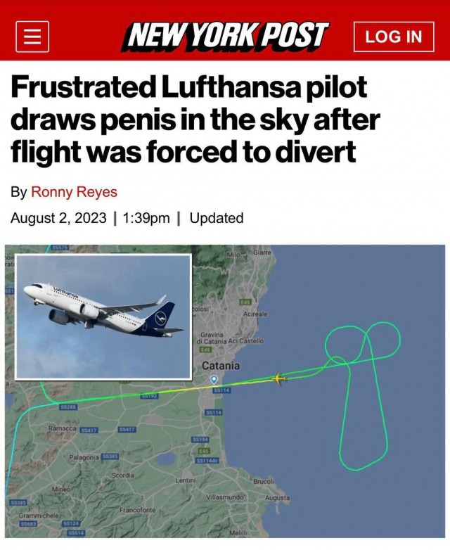 На карте Flightradar заметили самолёт авиакомпании Lufthansa, который 16 минут вырисовывал в небе пенис