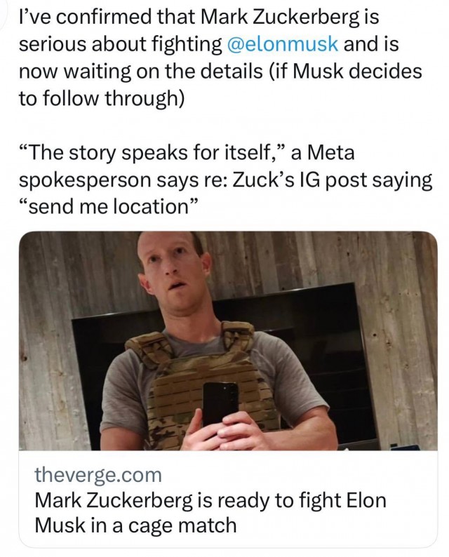 Марк Цукерберг готов биться с Илоном Маском и просит скинуть геолокацию: «Пришлите мне свое местоположение»