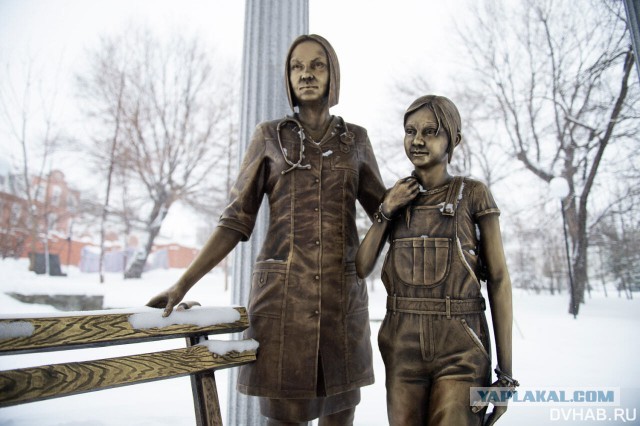 "Пугающий" памятник врачу с ребенком потребовали убрать в Хабаровске