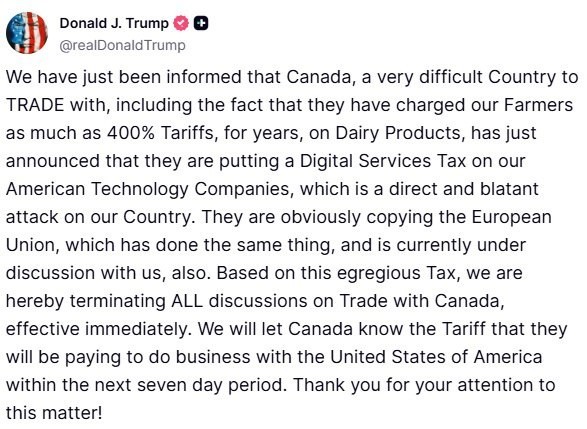 Дональд Трамп объявил о прекращении всех торговых переговоров с Канадой.