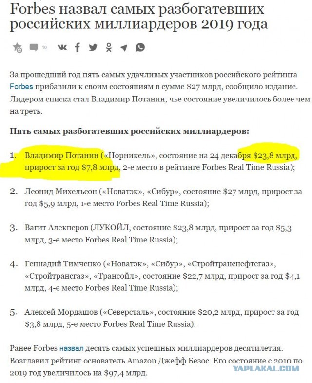 Пять миллиардеров за год разбогатели больше, чем все население России