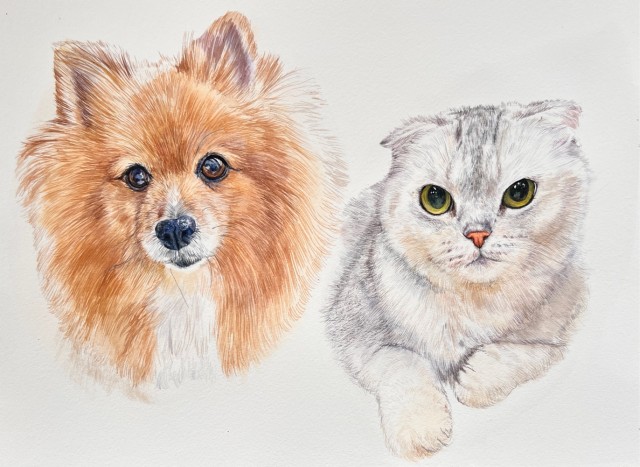 Собачка Керри и кошка Лиза акварелью