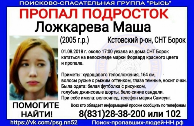 Завершено расследование дела Маши Ложкаревой, которая пропала в Нижегородской области более двух лет назад