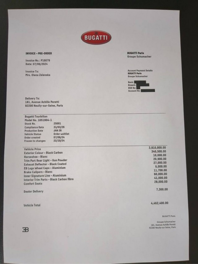 Елена Зеленская приобрела новейший Bugatti Turbillon за 4,5 миллиона евро
