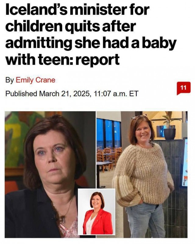 Министр по делам несовершеннолетних в Исландии родила от 16-летнего подростка.