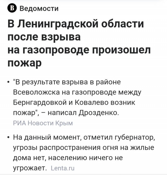 В Ленинградской области взорвался газопровод. Пламя видно из Петербурга