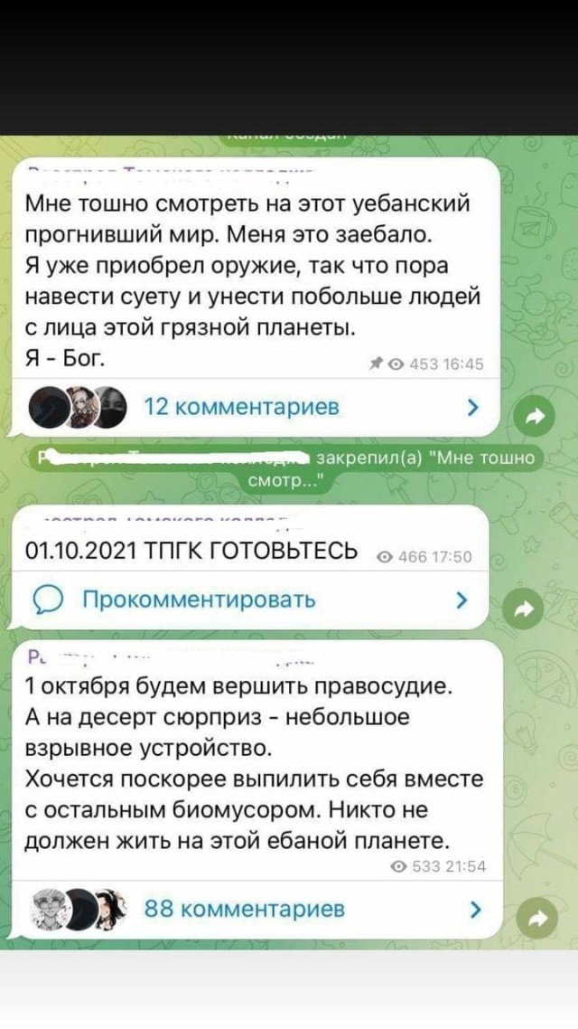 Неизвестный пользователь завёл канал в Telegram, в котором обещает устроить стрельбу в одном из учебных заведений Томска