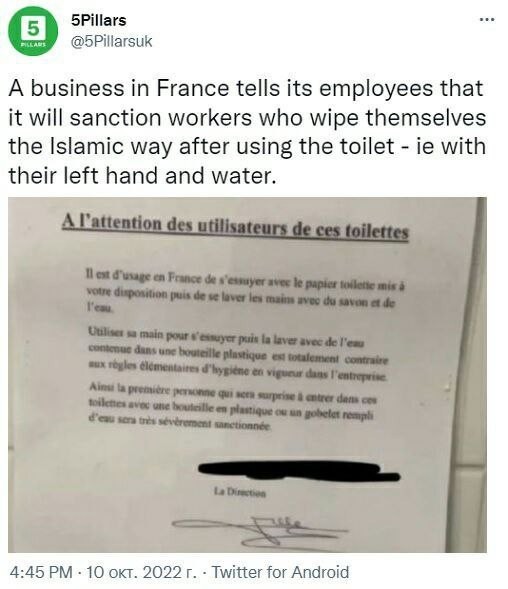 Во Франции руководство одной фирмы пригрозило штрафными санкциями сотрудникам, которые будут подтираться в соответствии с мусульманским туалетным этикетом