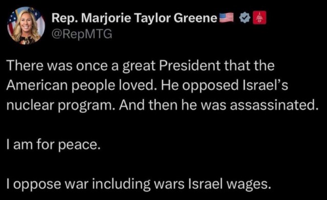 Конгрессвумен Марджори Тейлор Грин заявила, что американский президент Джон Кеннеди был убит из-за своей позиции против ядерной программы Израиля