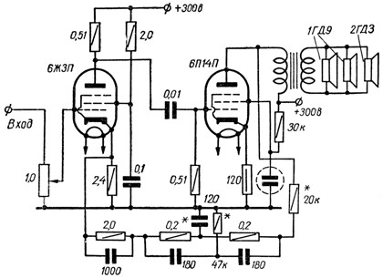 Схема лампового усилителя на 6п14п и 6н2п однотактный