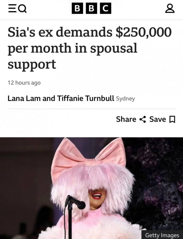 Бывший муж певицы Sia потребовал от неё выплачивать $250 тыс. (почти ₽20 млн) в месяц