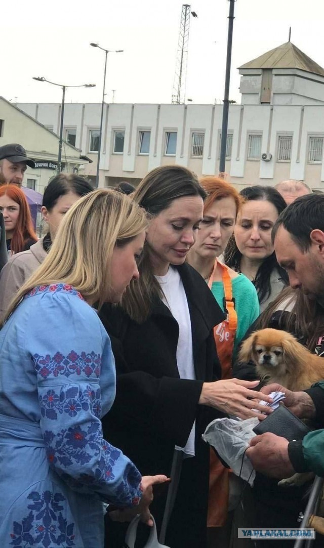 Кадры общения Джоли с беженцами на вокзале во Львове.
