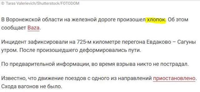 Взрыв на ж/д путях произошел между станциями Евдаково и Сагуны в Воронежской области